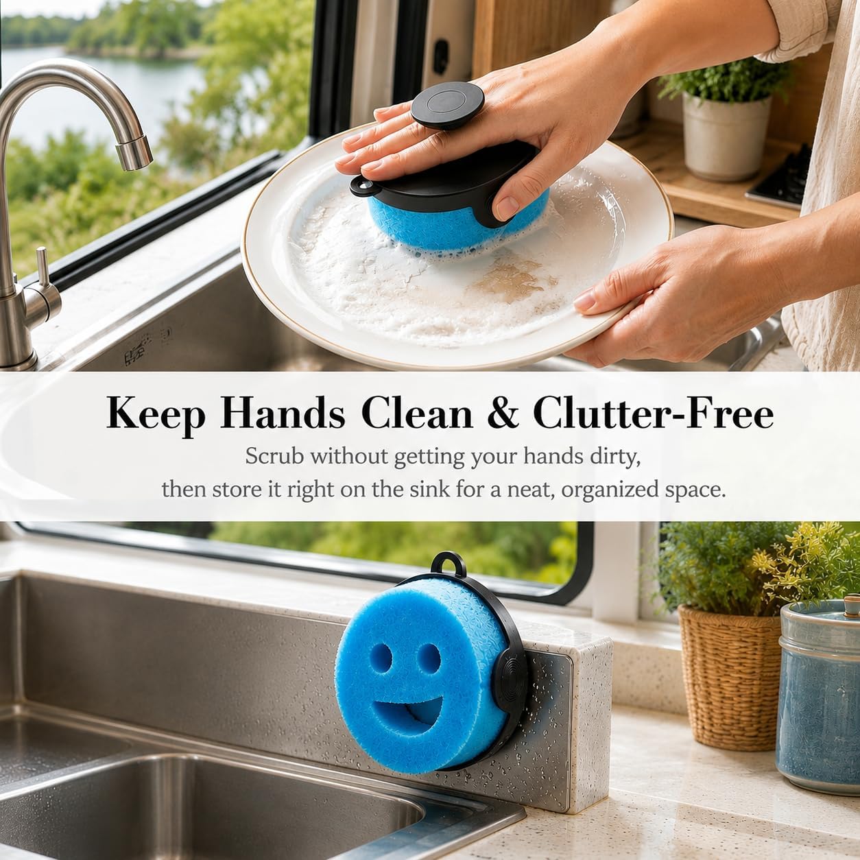 Smiley Sponge Holder for Kitchen Sink, Magnetic Kitchen Sink Sponge Holder, Easy to Remove & Clean, Auto Draining to Keep Dry, Dish Sponge Organizer for Sink Side, Countertop, RV, Apartment, Black