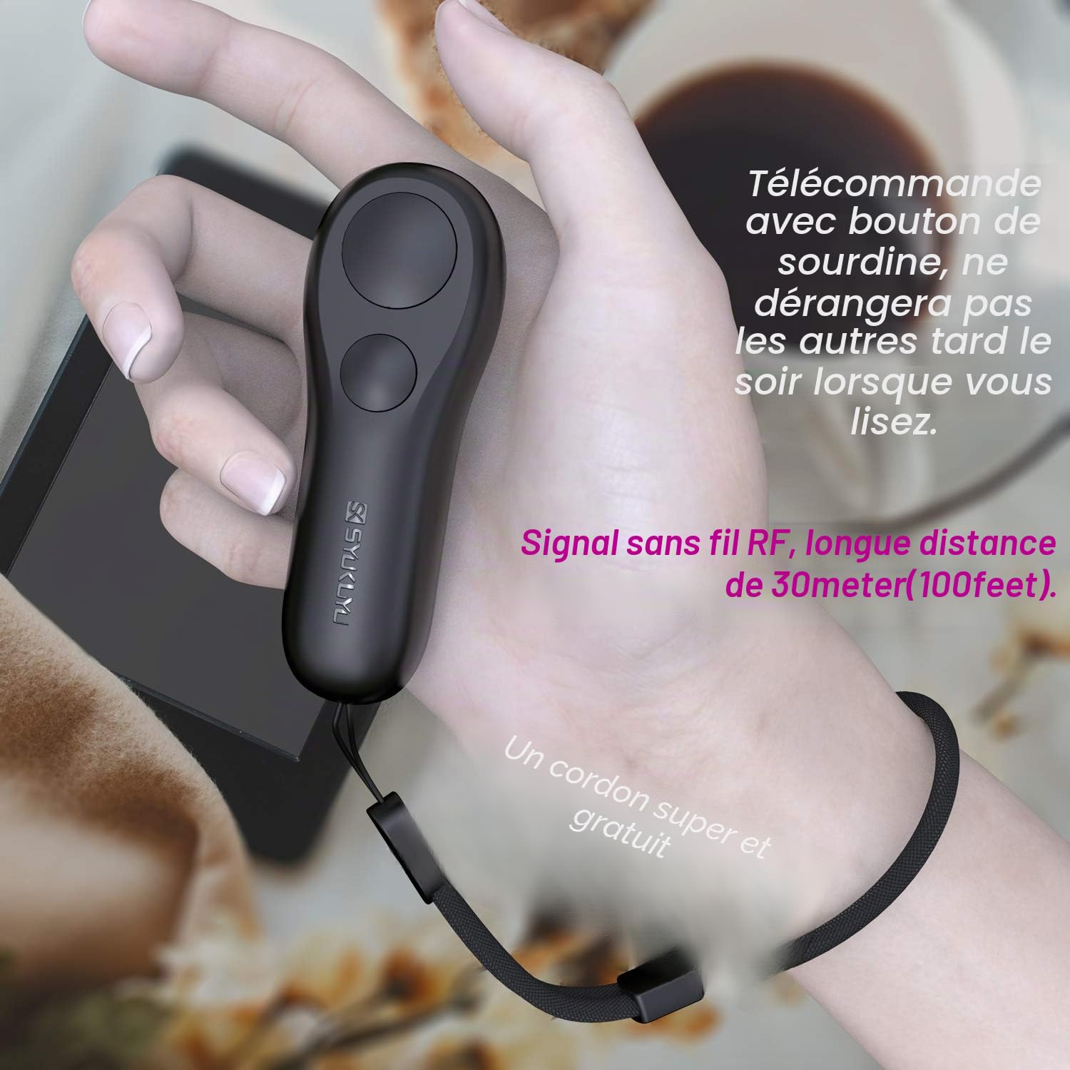 SK SYUKUYU RF Télécommande Liseuse Kobo, Kindle, Tourne Page Liseuse for iPad iPhone Android Tablets, Tourneur Page Liseuse pour Lire des Romans et Prendre des Photos(Noir)
