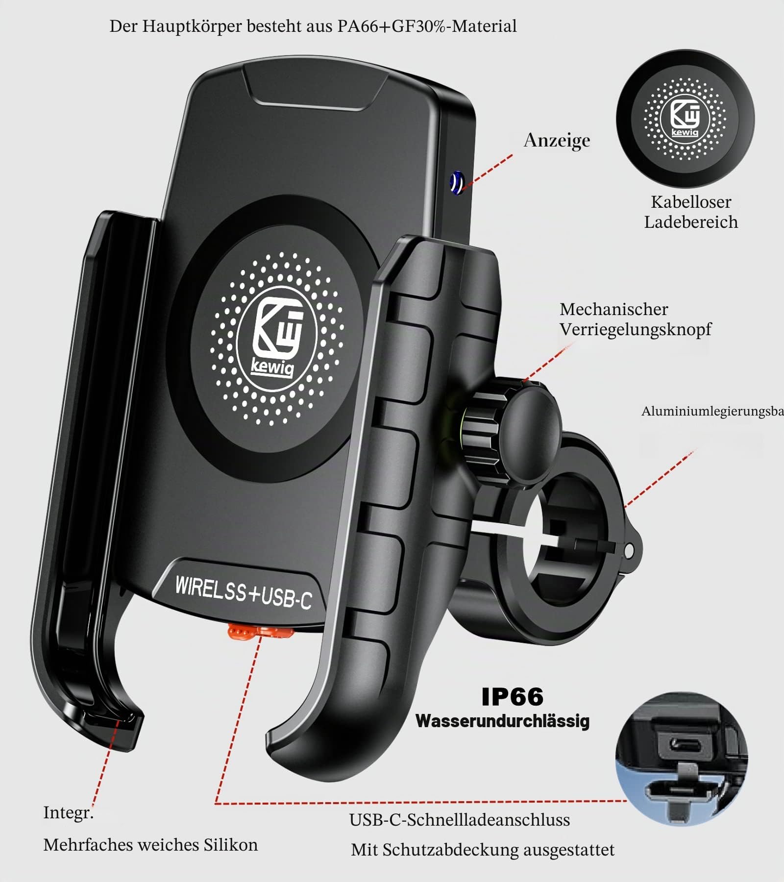 BRCOVAN Motorrad Handyhalterung mit Qi 15W kabellosem Ladegerät und USB-C 20W Ladeanschluss, 360 Drehung Outdoor Lenker Handy Halterung für 4-8 Zoll Smartphones