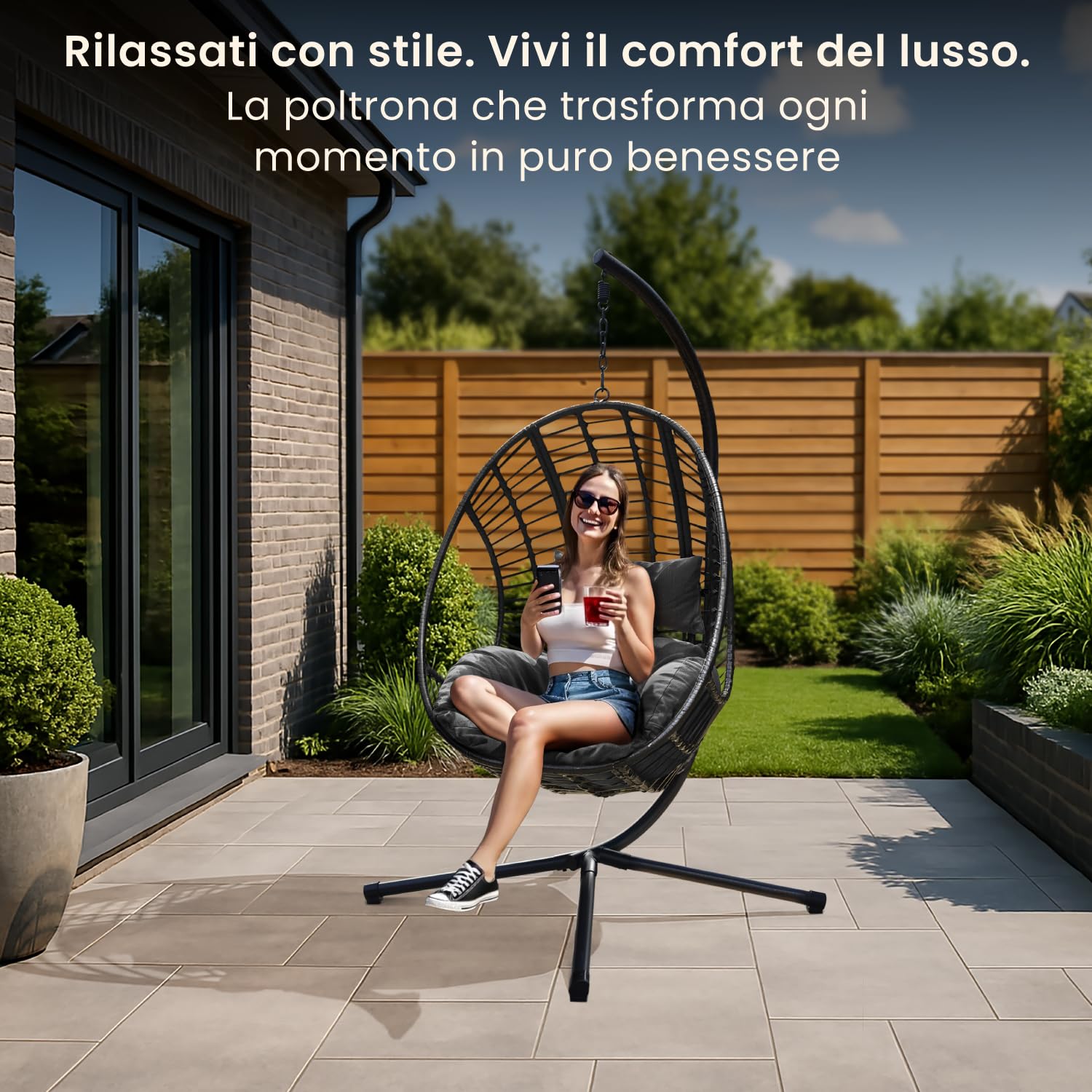 Swoods XXL poltrona sospesa - poltrona sospesa da giardino - Per uso interno ed esterno - con cuscino e copertura protettiva - resistente alle intemperie - portata fino a 150 kg (Grigio scuro)
