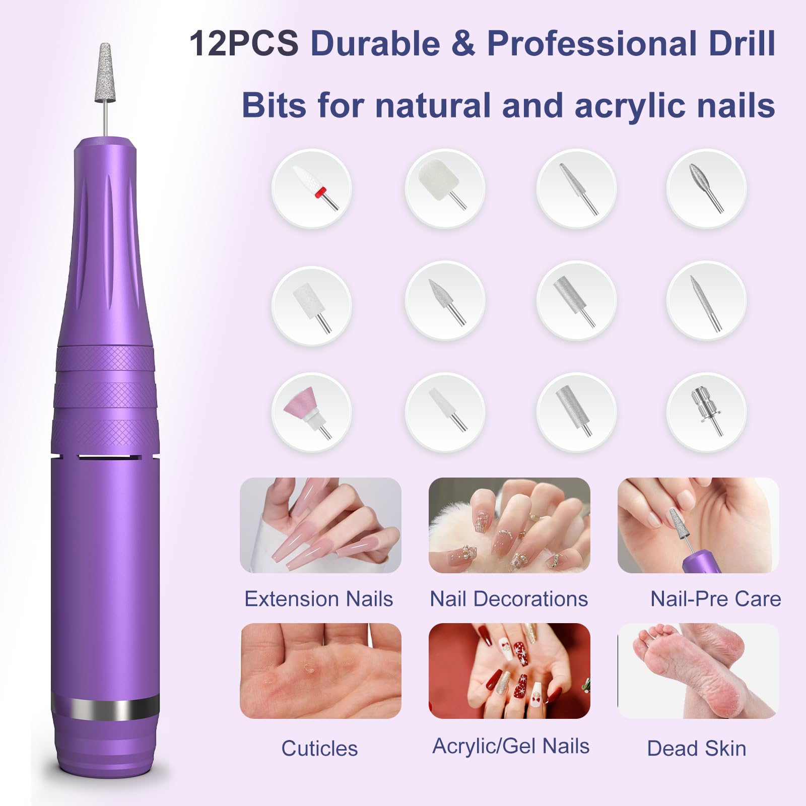 Perceuse à ongles professionnelle sans fil 45 000 tr/min, lime à ongles électrique Meremit avec décoration diamant, 12 forets, grand écran LCD, perceuse électrique rechargeable pour vernis à ongles en