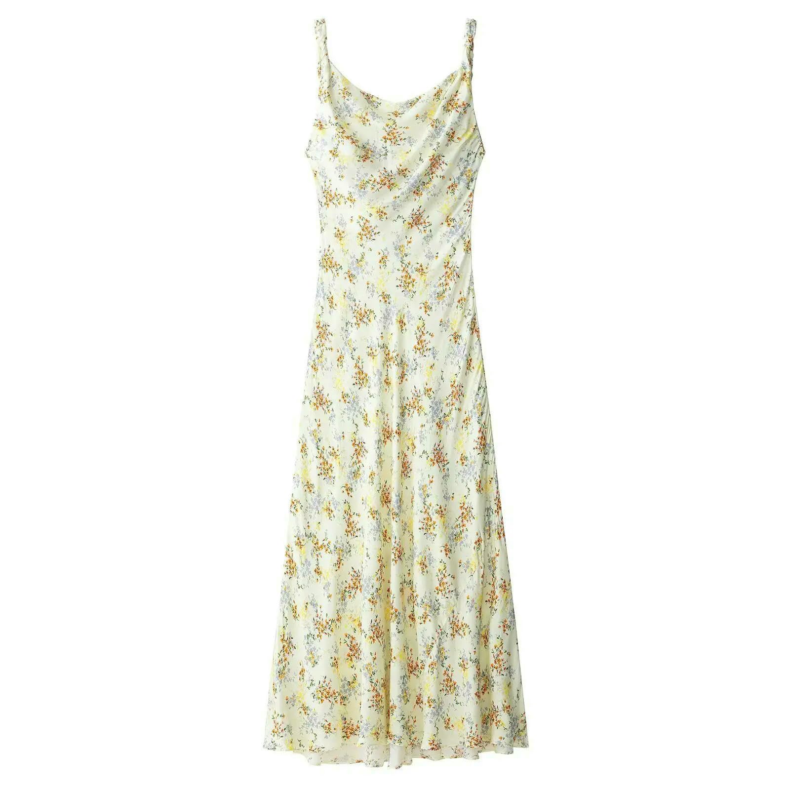 Abito Donna Invernale Summer's Casual Fashion Slim Stampa Spendri in Raso Sleeveless Collar Long Dress-Giallo-l