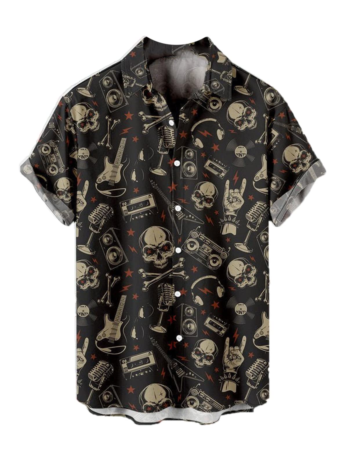 CARNOBA Camisa con Estampado 3D para Hombre Camisas de Solapa de Manga Corta con Calavera de Rosa Retro Camisa de Playa con Botones Regulares de Verano Camisetas Hawaianas Informales