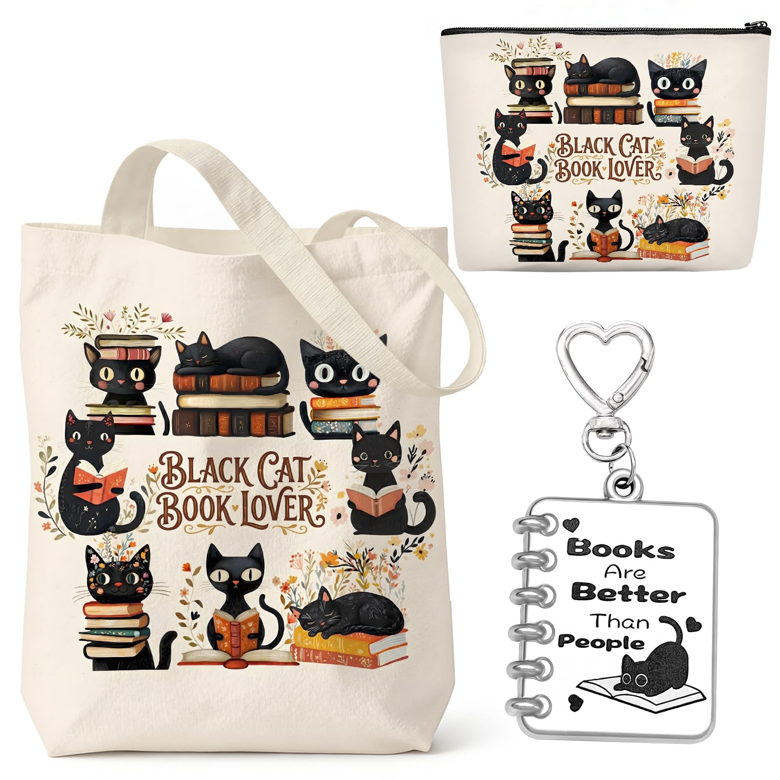 Orsefeliy 3Pcs Black Cat Tote Bag Set, Canvas Tote Bag with Makeup Bags and Keyring, Reusable Casual Handbag for Shopping, Work & TravelCute Cat Gifts for Women, Book Lover and Girls,
