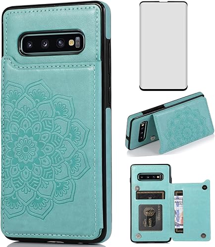 Asuwish Funda compatible con Samsung Galaxy S10 y protector de pantalla de vidrio templado, accesorios para tarjetero con ranura para soporte de