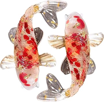 Koi Fish Figurines 2Pcs Realistic & Cute Resin Red Koi Fish Decor with Crystal Inside for Luck & Wealth 2.4x1.6x0.8 Small Animal Figurines for Shelf, Desktop, Dashboard.