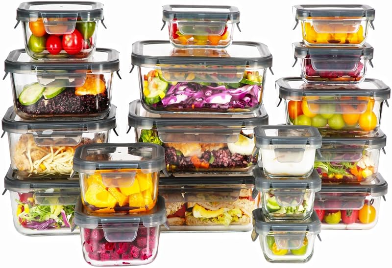 Imagen del producto: EasyWare JUMBO Contenedores de Vidrio, Set 18 Recipientes (36 pzs) con Tapas Herméticas a Prueba de Fugas — Cocina, Horno, Refri, Congelador