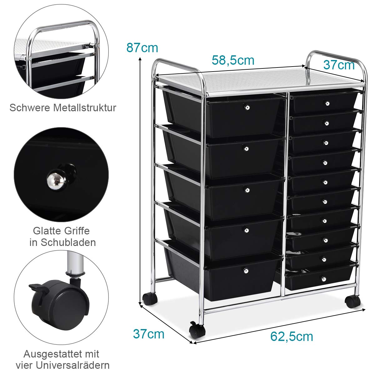 GOPLUS Rollwagen mit 15 stapelbaren Schubladen, Schubladenwagen Farbewahl, Beistellwagen Haushaltswagen Rollcontainer Badrollwagen Badtrolley Badregal (Schwarz)