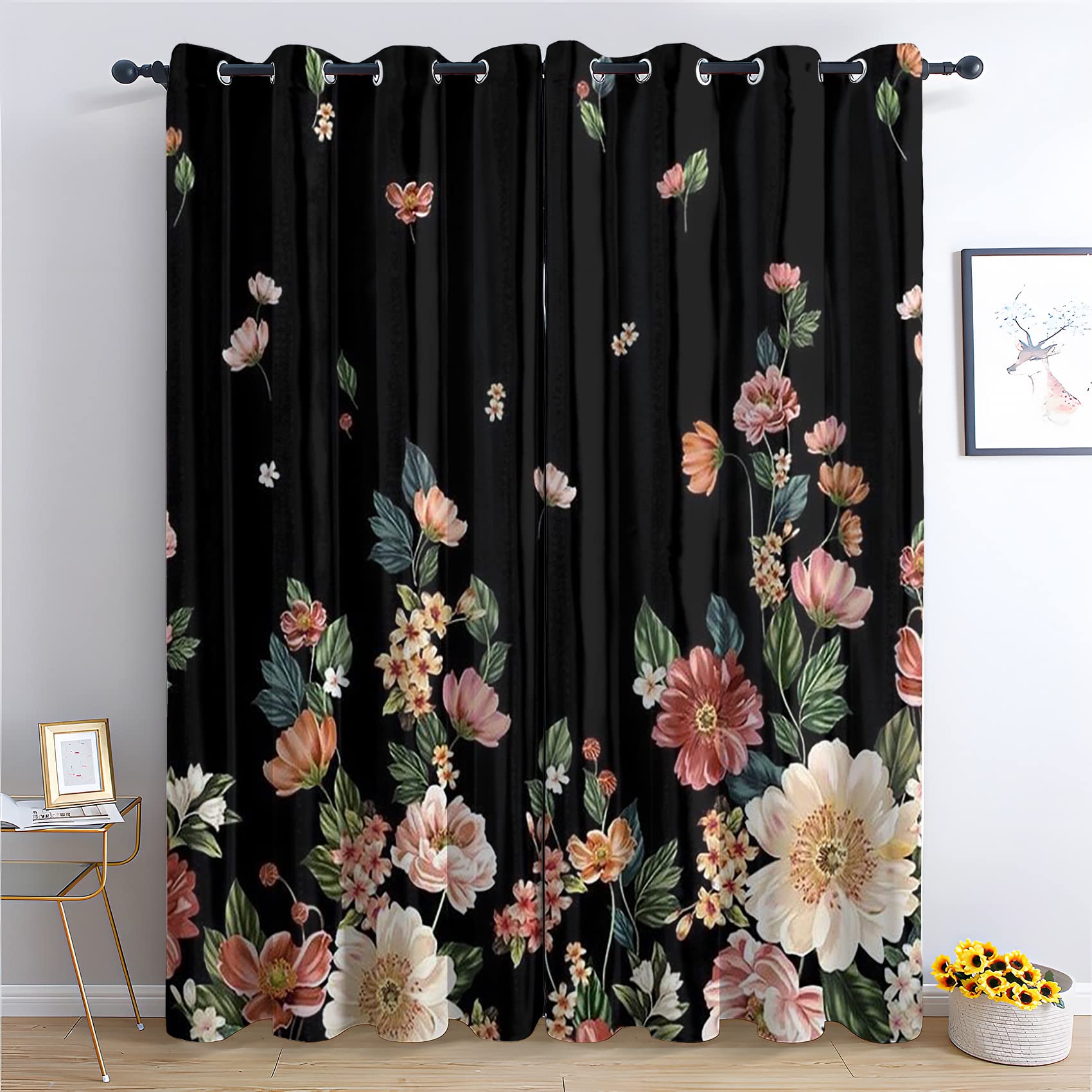 WQIZXCW Floral Blackout Curtains for Bedroom Living Room, Flower Leaf Print Thermal Eyelet Curtains, 72 Drop Patterned Window Treatments, 46x72 Inch (W X L), 2 Panels - Black & Multi