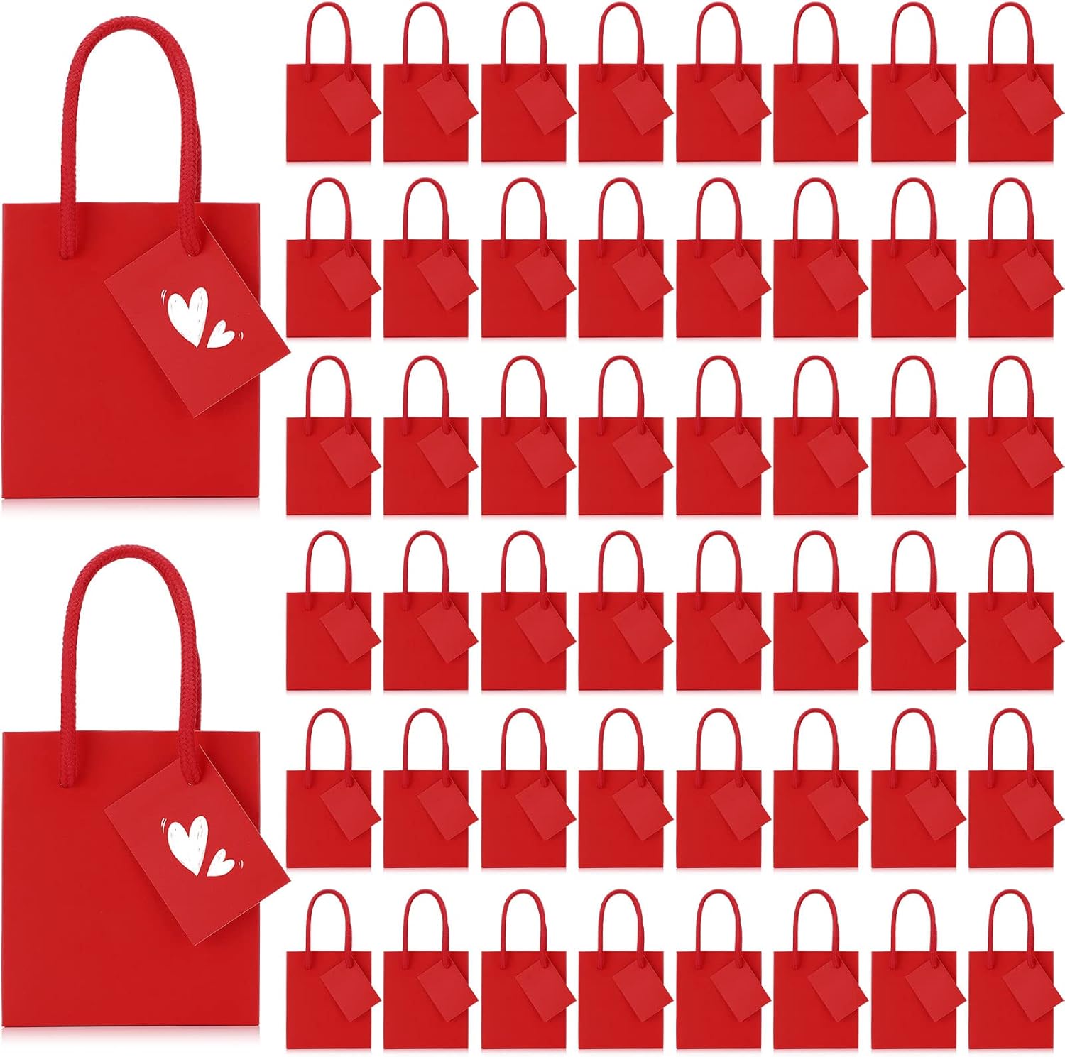 Zhehao 50 Pack Valentine's Day Mini Gift Bags Bulk 4x2.75x4.5 Tiny Extra Small Paper Thank You Gift Bags with Handles and Tags for New Year Birthday Party Favors Boutique Business(Red)