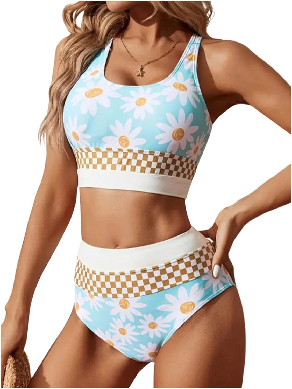 MAKEMECHIC Women's Tankini Swimsuits 2 Piece Floral Checkered High Waisted Bikini Bathing Suit