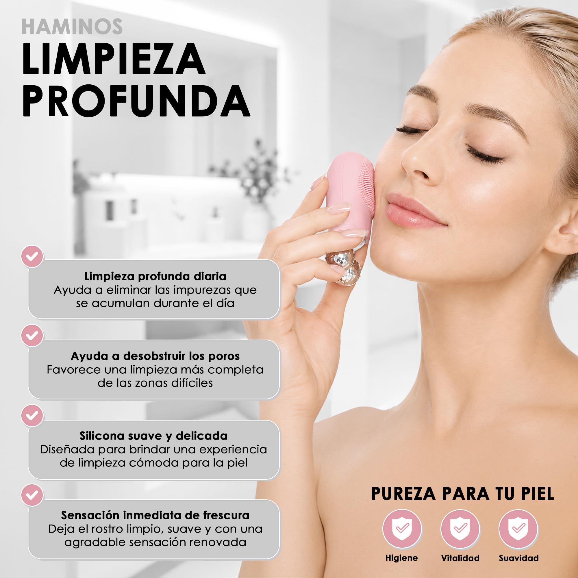 HAMINOS Cepillo Limpiador Facial Eléctrico 3 en 1, Masajeador Facial de Silicona con V-Roller, 5 Modos Sónicos, Impermeable Recargable, para Limpieza Facial, Lifting y Cuidado de la Piel