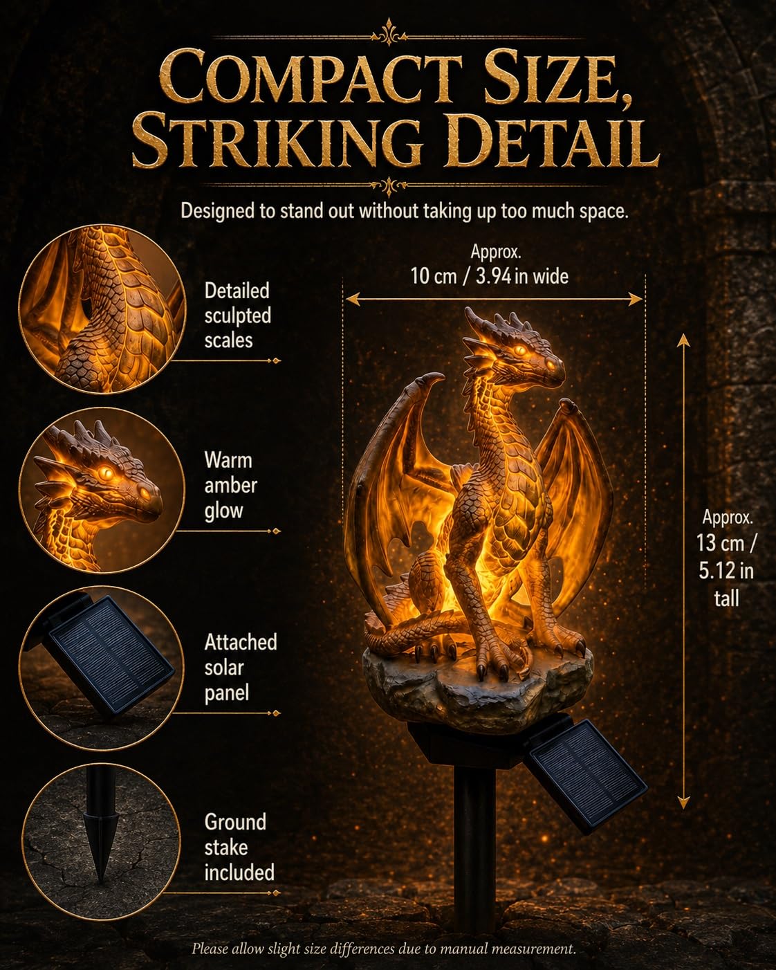 Luci Da Giardino Con Drago Ad Energia Solare, Lampada Per Statuette Da Esterno Con Braci Dorate, Decorazioni Per Statue Da Giardino Di Fantasia Gotica Medievale, Ornamento In Resina