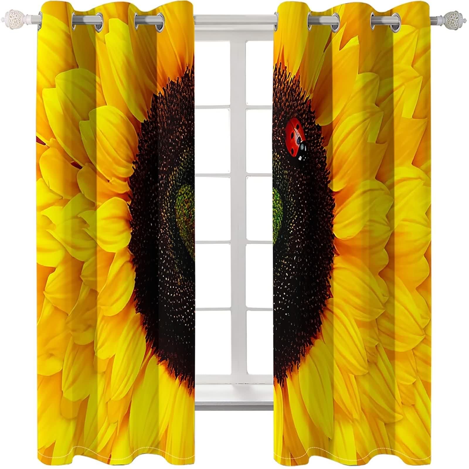 Zasłona zaciemniająca do okna do sypialni, zasłony do salonu żółty czarny poliester słonecznik 214L x 229H CM Zestaw 2 szt