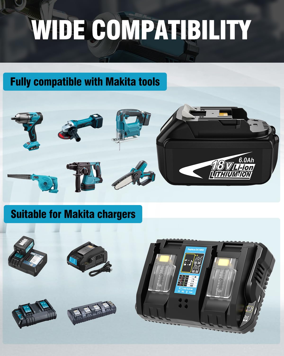 Paquete de 2 baterías y cargador de 6,0 Ah 18 V de repuesto para batería y cargador Makita de 18 V compatibles con baterías de iones de litio de 18 voltios de Makita, herramientas eléctricas