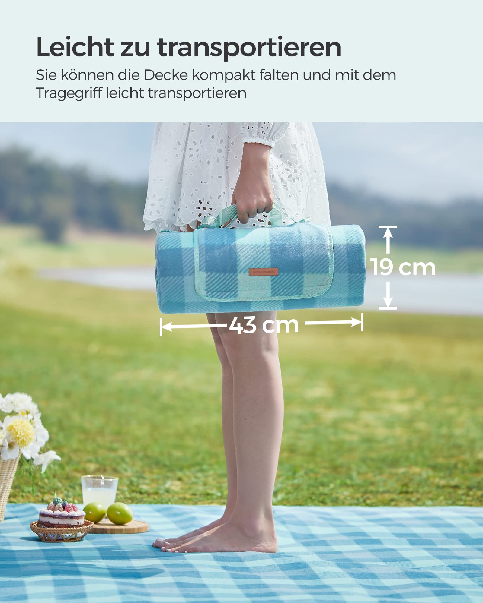 SONGMICS Picknickdecke, 200 x 200 cm, mit 4 Erdankern, groß, Campingdecke, für Park, Garten, Strand, wasserdicht, faltbar, grün-blau GCM011Q02