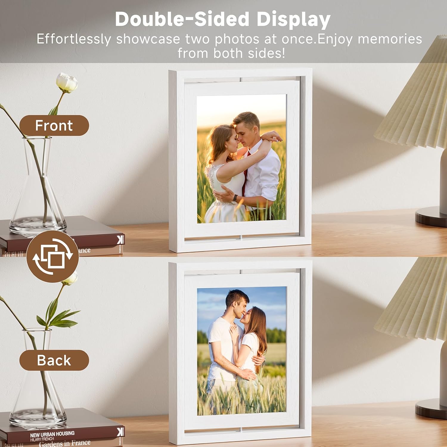 2 Pack 6x8 White Rotating Floating Picture Frames, Double-Sided Solid Wood Photo Frame with HD Glass, Shatterproof, Fade Resistant, UV Protection, Vertical or Horizontal Tabletop Display