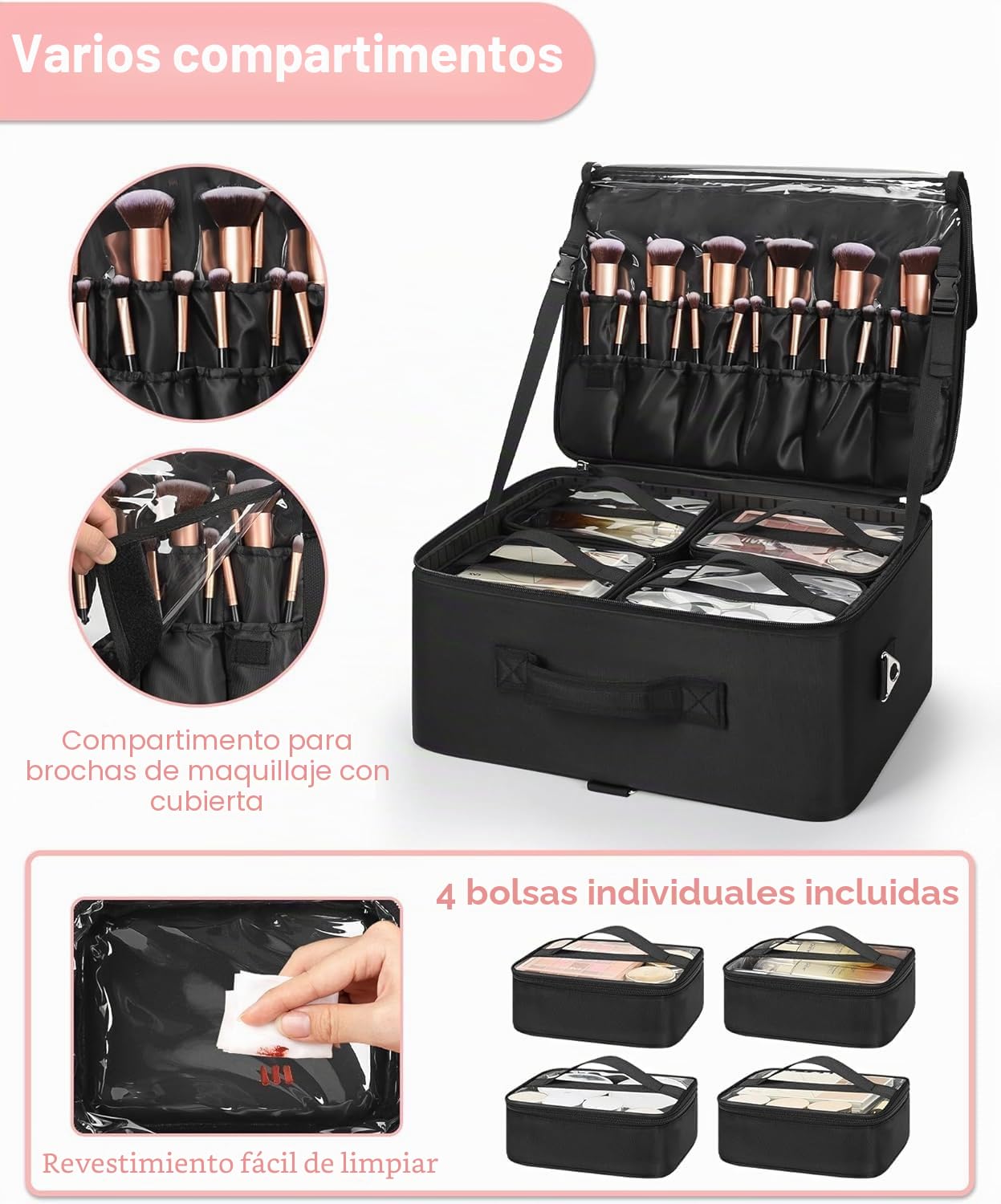 Maletín de maquillaje, organizador de cosméticos profesional con soporte para brochas, Negro , XXL, Fallow