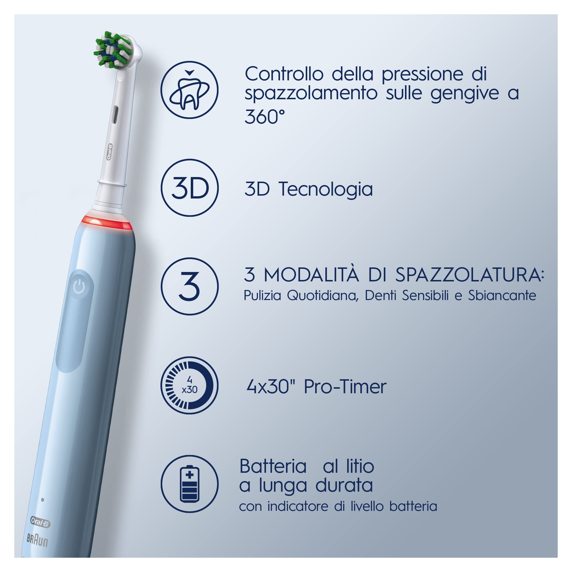 Oral-B Spazzolino Elettrico Ricaricabile Pro Series 3 Blu, 2 Testine di Ricambio. 1 Spazzolino