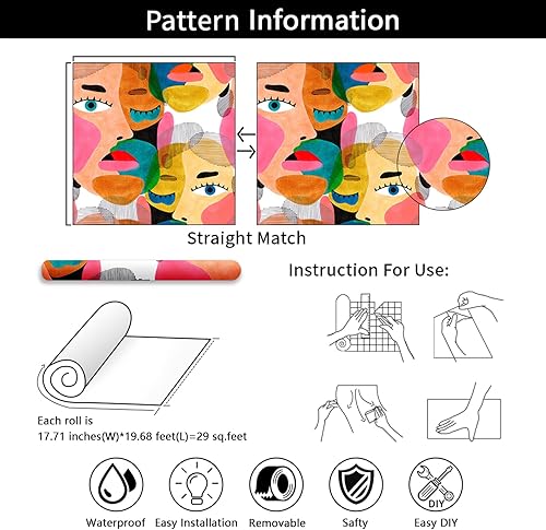 Miniatura 7 de Modern Art - Papel tapiz autoadhesivo para despegar y pegar, papel de contacto abstracto colorido con patrón de cara humana, extraíble, impermeable,