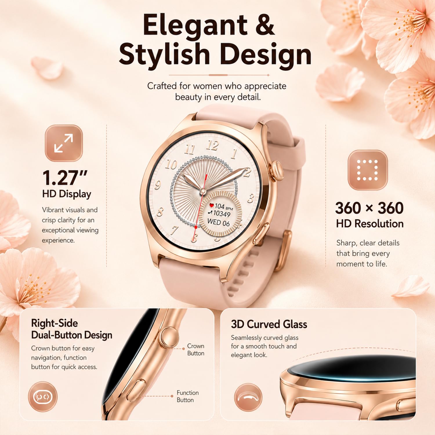 Reloj Inteligente Mujer con Llamadas Bluetooth, 1.27" Smartwatch con Podómetro/Pulsómetro/Monitor de Sueño, 100+ Modos Deportivos Smart Watch, IP68 Pulsera Actividad para Android iOS, Rosa Oro