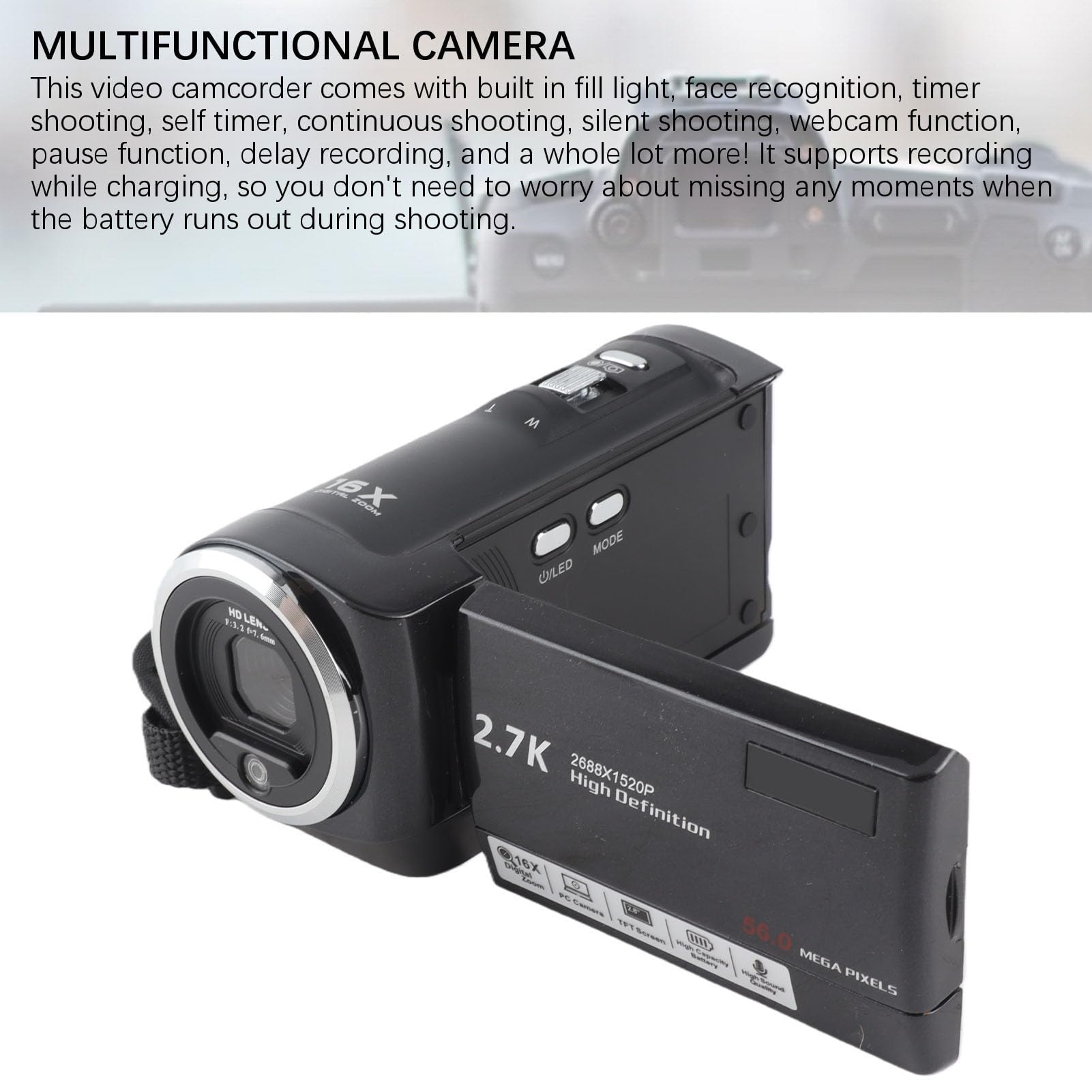 Jectse Videocamera 2,7K, Registratore con Zoom Digitale 50MP 16X, Visione Notturna IR, Touch Screen LCD da 2,8 Pollici, Videocamera per per Bambini, Adolescenti, Adulti,