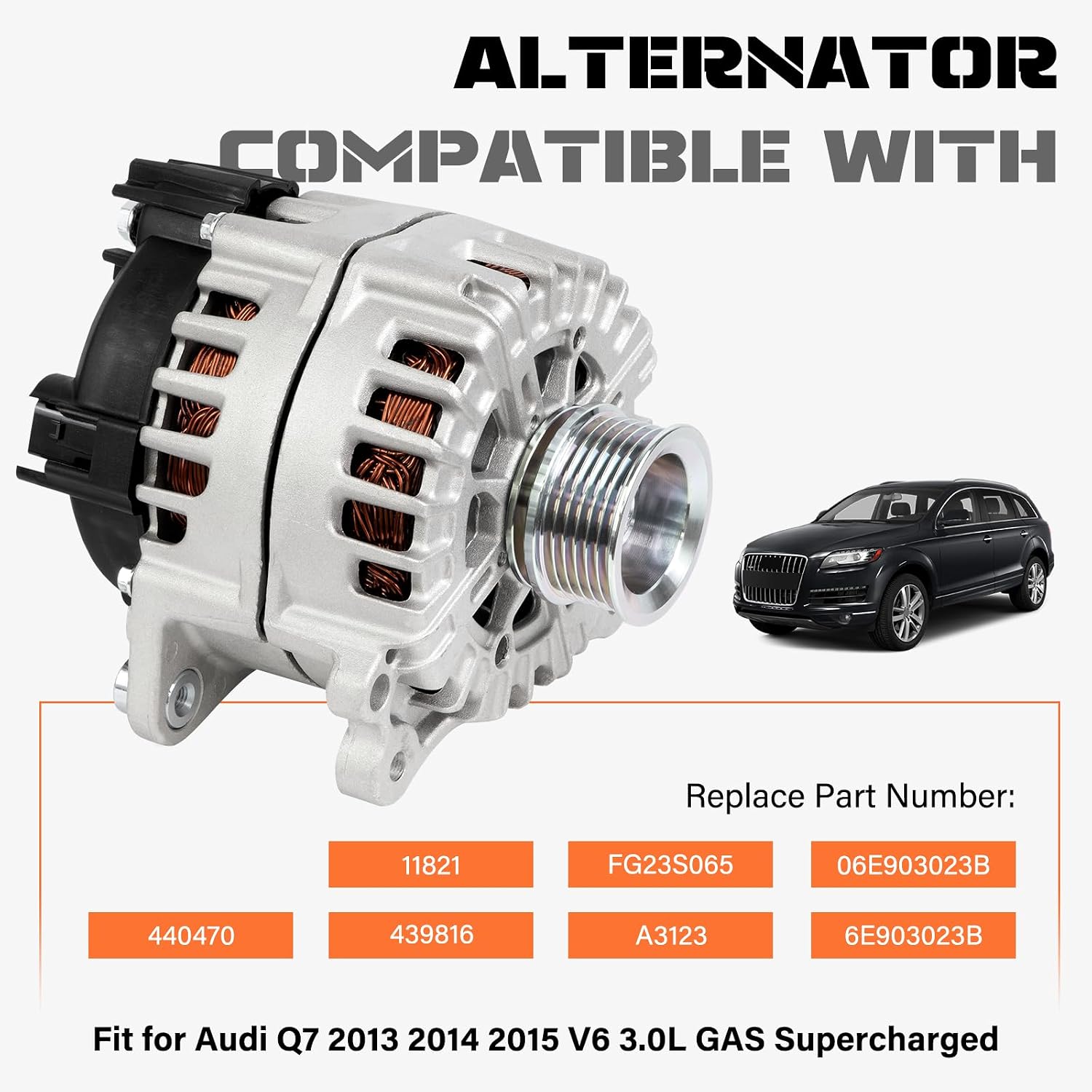 Alternator 220A 12V Compatible with Audi Q7 2013 2014 2015 V6 3.0L GAS Supercharged, Replace 11821, FG23S065, 06E903023B, 6E903023B, A3123, 439816, 440470,6-Groove Clutch Pulley
