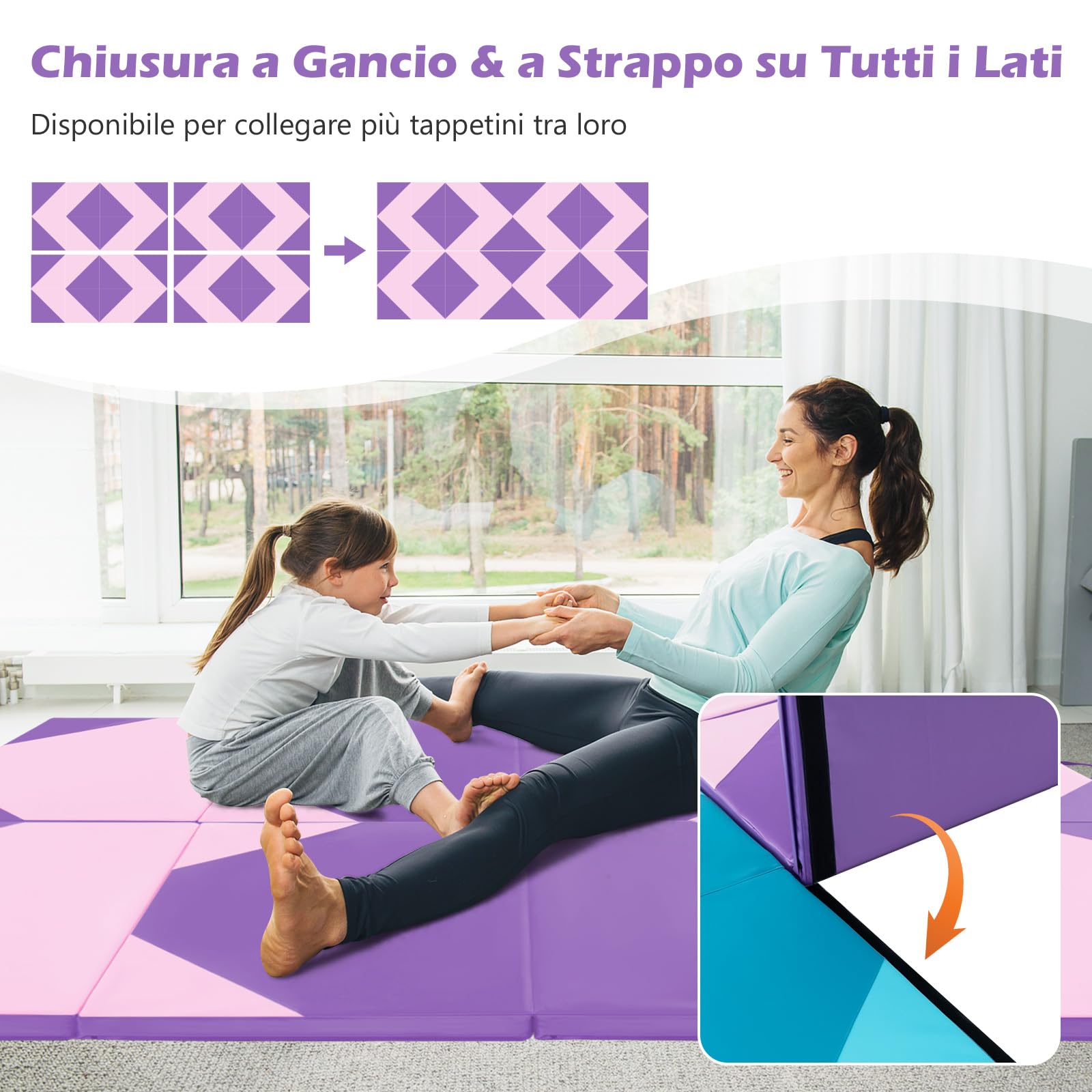 COSTWAY Tappetino Ginnastica Pieghevole 300 CM, Tappetino a 4 Pannelli in Similpelle con Gancio, Chiusure a Strappo e Maniglie per Ginnastica, Yoga e Allenamenti da Casa e Palestra