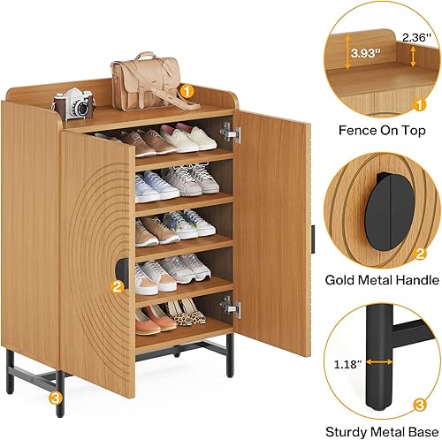 Miniatura 6 de Tribesigns Armario de zapatos con puertas, armario de almacenamiento de zapatos de 6 niveles con estantes ajustables, estante de zapatos de madera