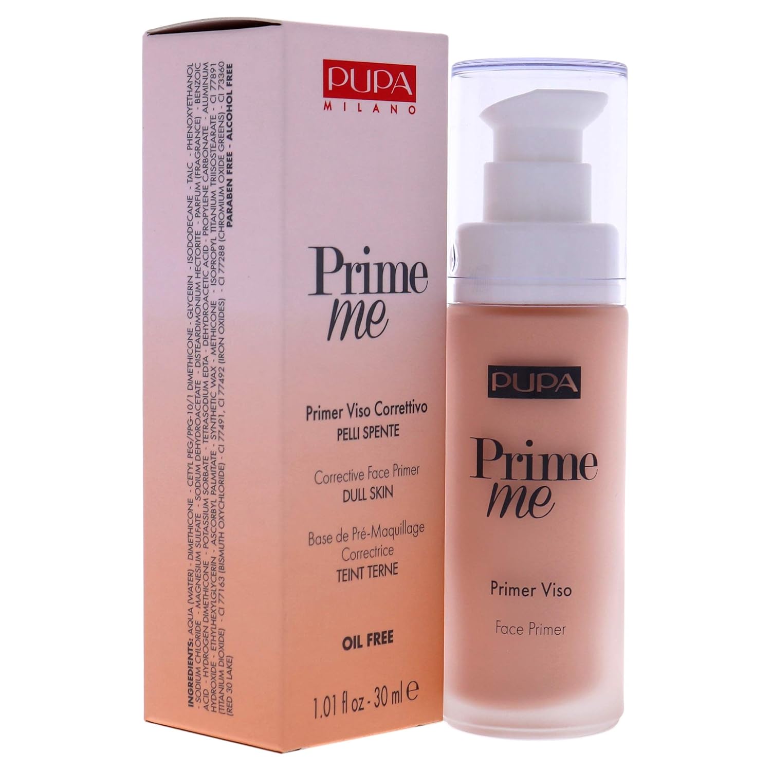PUPA Milano Prime Me Corrective Face Primer - Pre Make-Up Face Base - For Dull-Looking And Lifeless Skin - Evens Out The Skin Tone, Giving It A Glowing And Fresh Appearance - 005 Peach - 1 Oz