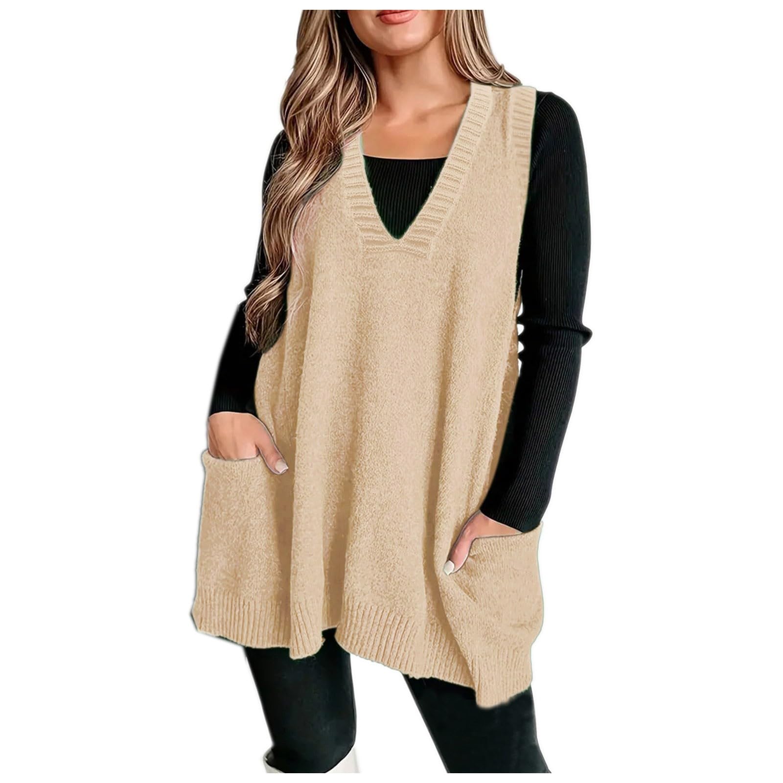 Womens Plus Size Sweater Vest V Neck Sleeveless Loose Fit Knit Pullover Tank Tops with Pockets