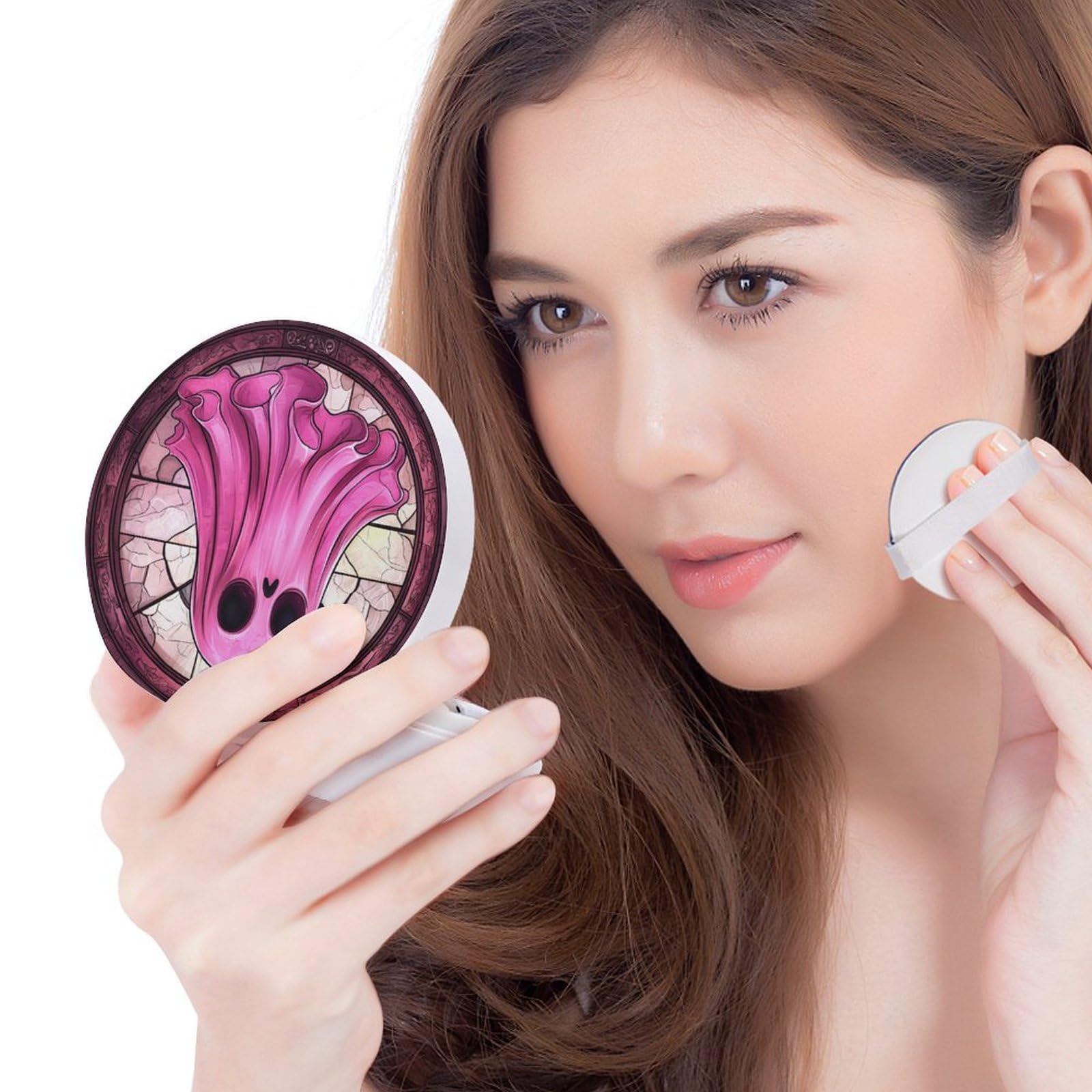 Hayyett Cartoon Pink Ghost Stained Glass Air Cushion Puff Box Portable Cosmetic Makeup Case Container,Loose Powder Foundation Container