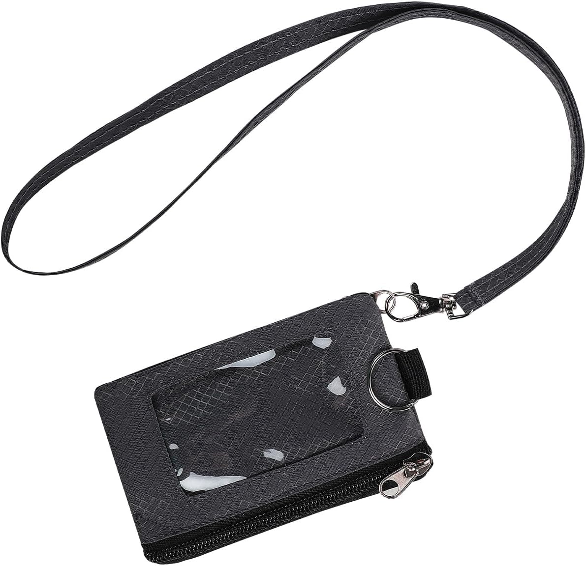 Water Resistant Canvas Zipper ID Card Holder with Detachable Neck Lanyard & Key Ring, RFID Safe Anti-Scan Mini Badge Wallet Coin Purse with Clear ID Window for Adults Teens Office School Daily Use