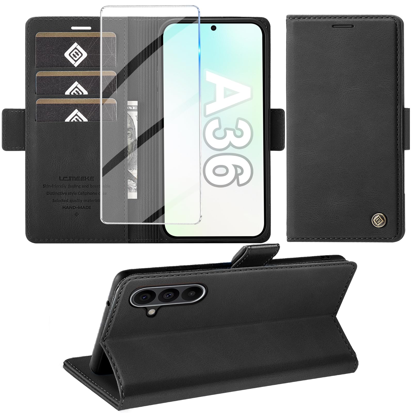 Giyer Handyhülle für Samsung Galaxy A36 5G Hülle mit Schutzfolie, Schutzhülle Galaxy A36 5G PU Leder Wallet Flip Case Standfunktion Kartenfach Klapphülle für Samsung A36 5G Cover Tasche (Schwarz)