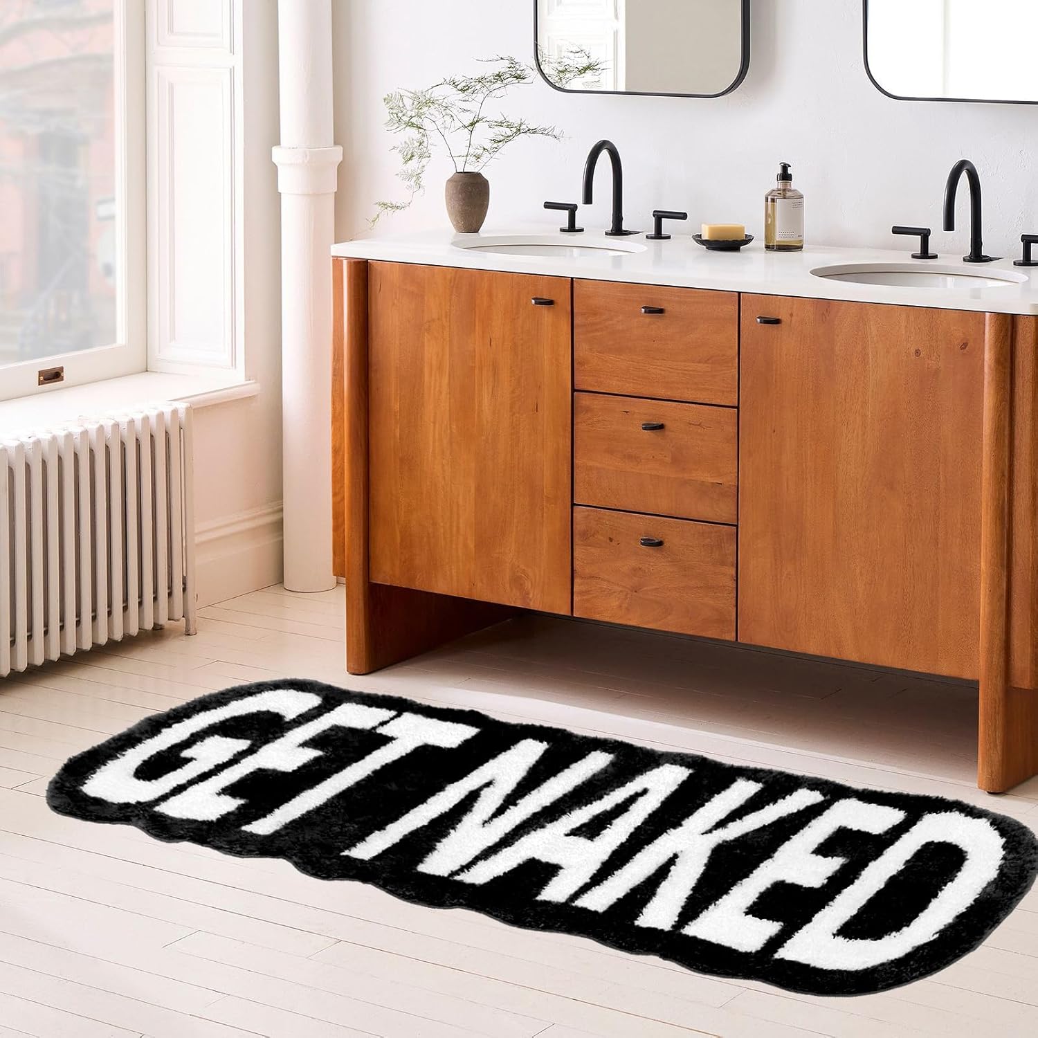 Get Naked Bath Mat Long Bathroom Rug - Super Soft Funny Bath Mat Non Slip Black and White Rugs, Water Absorbent Runner Rugs for Sink Bathtub and Shower Black 24" x 59"