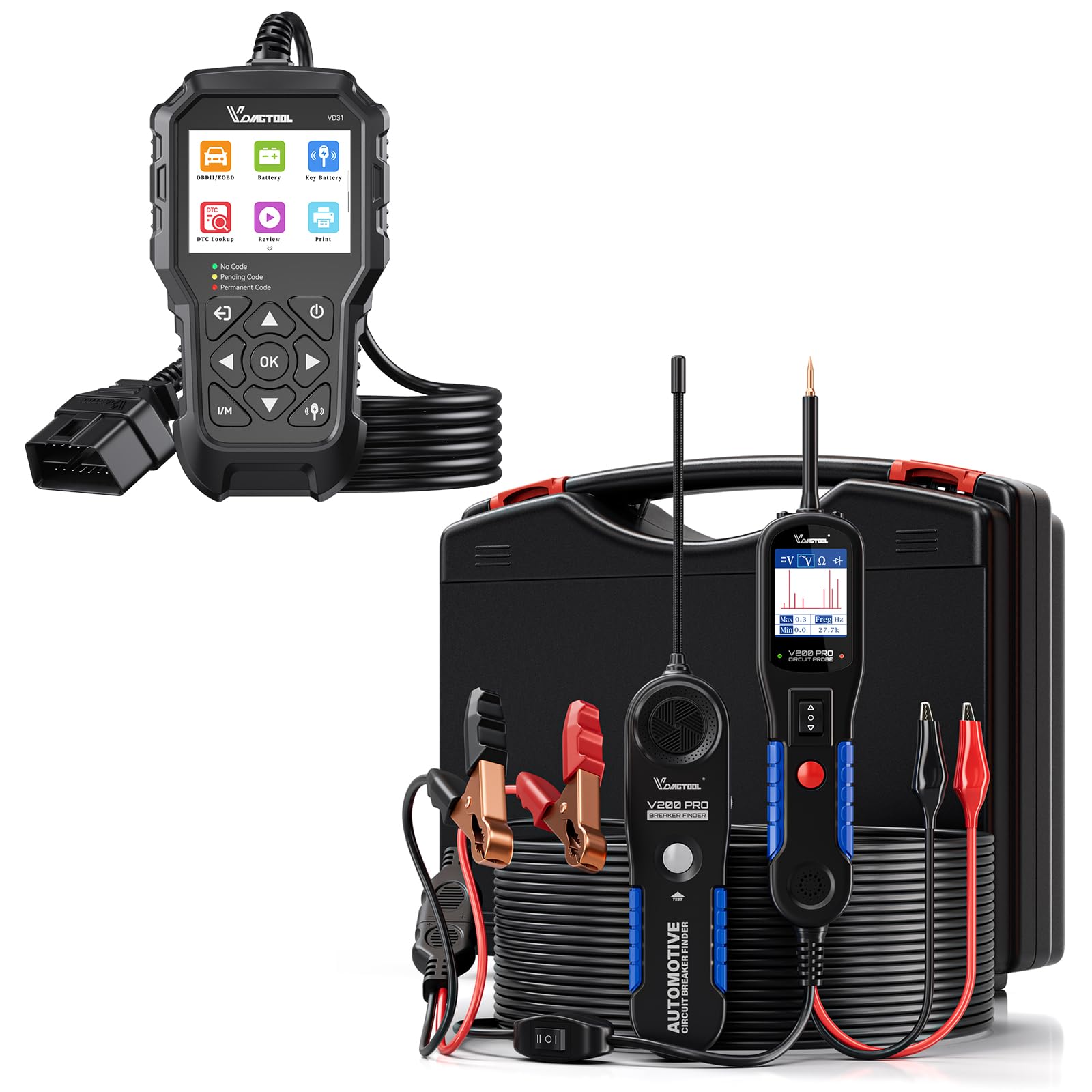 VDIAGTOOL V200 Pro Automotive Power Circuit Probe Tester Circuit Breaker Finder Tool Circuit Short Finder with VD31 Car Code Reader, OBD2 Scanner with Car Key Battery Tester