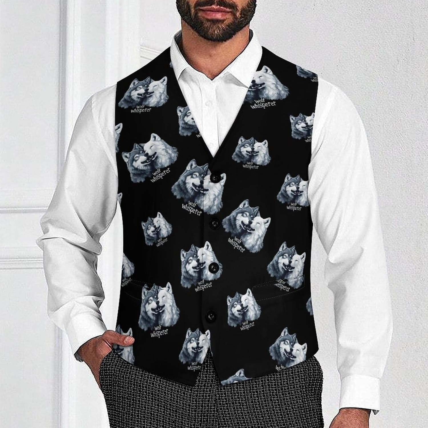 Wolf Whisperer Mens Suit Vests V-Neck Casual Vest Dress Formal Tuxedo Wedding Waistcoat