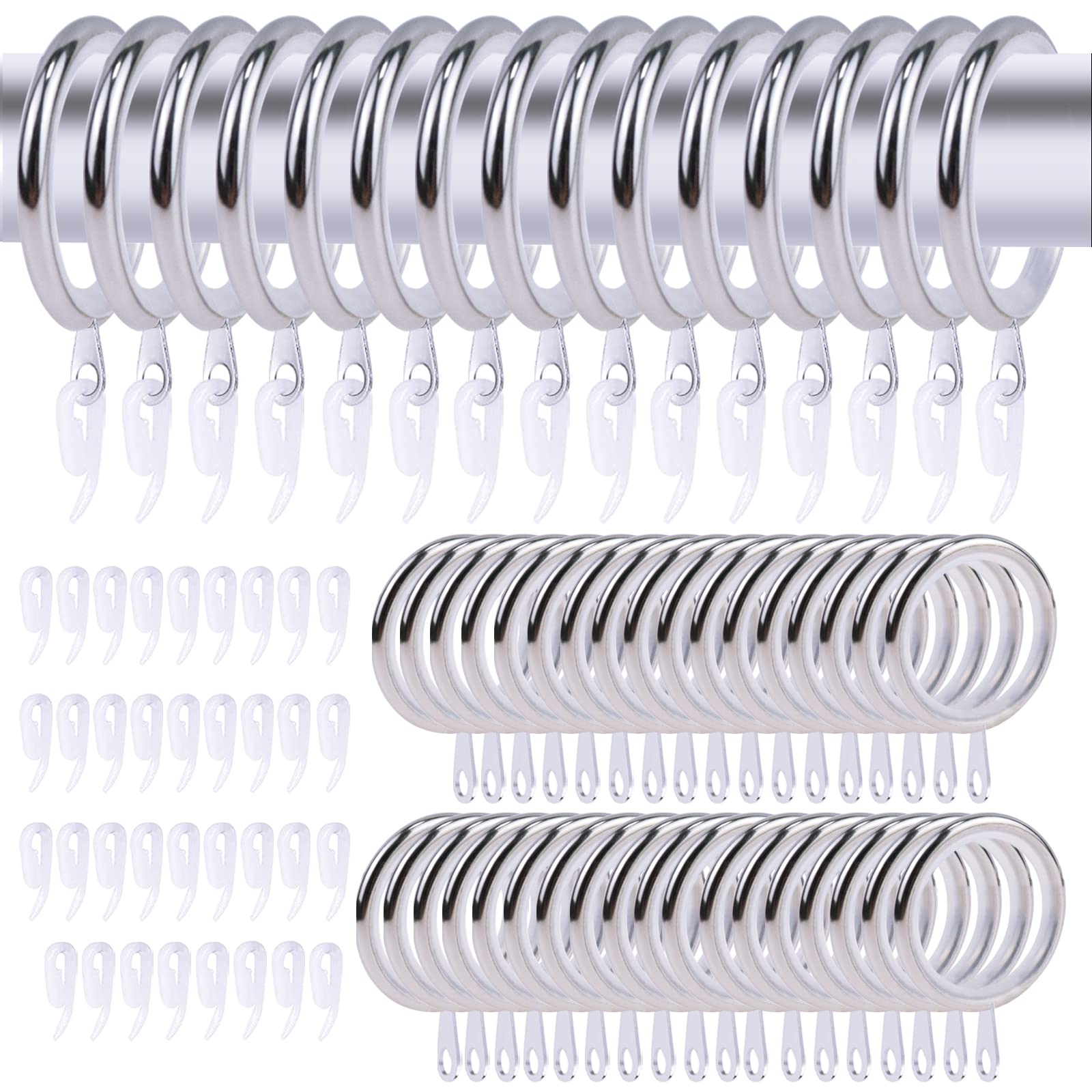 Set di 50 anelli per tenda mute in argento, con 50 anelli in gomma, diametro interno 27 mm, per tenda e aste