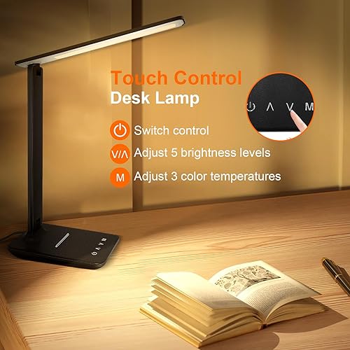 Miniatura 6 de karidi Lámpara de escritorio LED regulable con puerto de carga USB, 5 modos de iluminación, control sensible, luz de escritorio portátil plegable