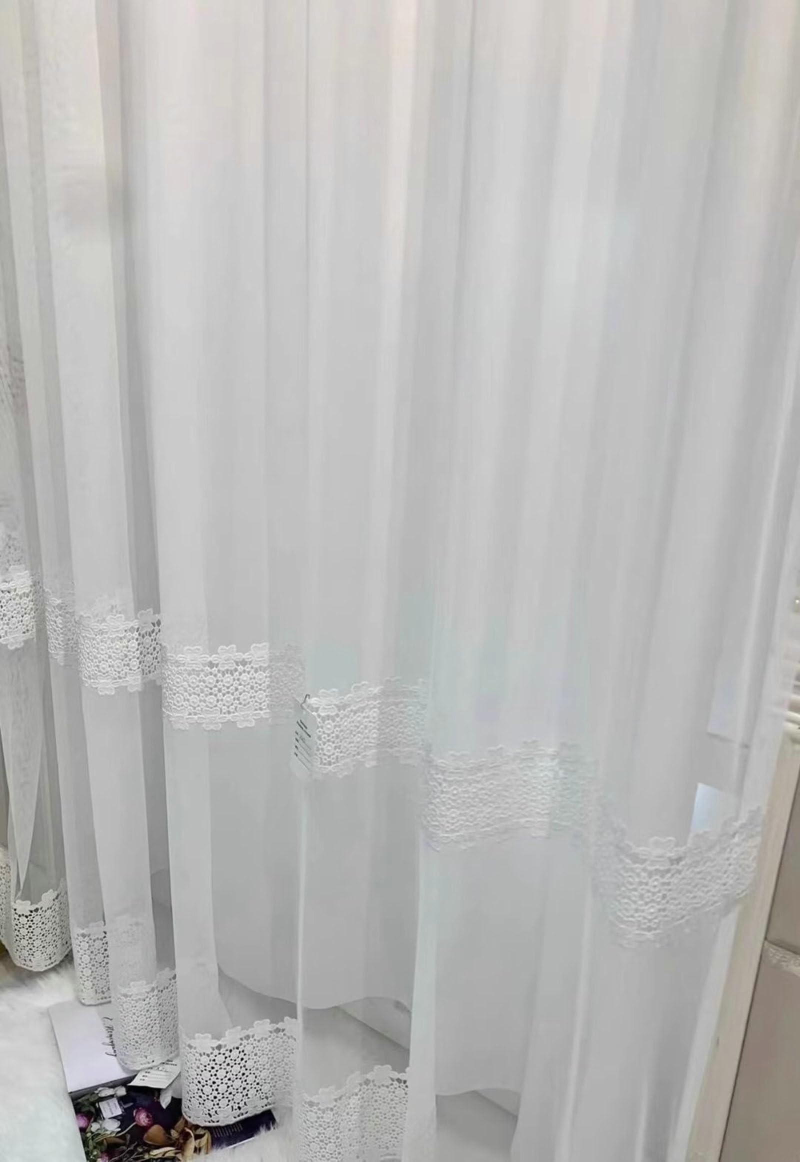 Rideau Fenêtre Salon, 107x244cm Fleurs en Dentelle brodées Rideaux filtrant la lumière pour Le Salon de la Chambre en Polyester Coton, Blanc