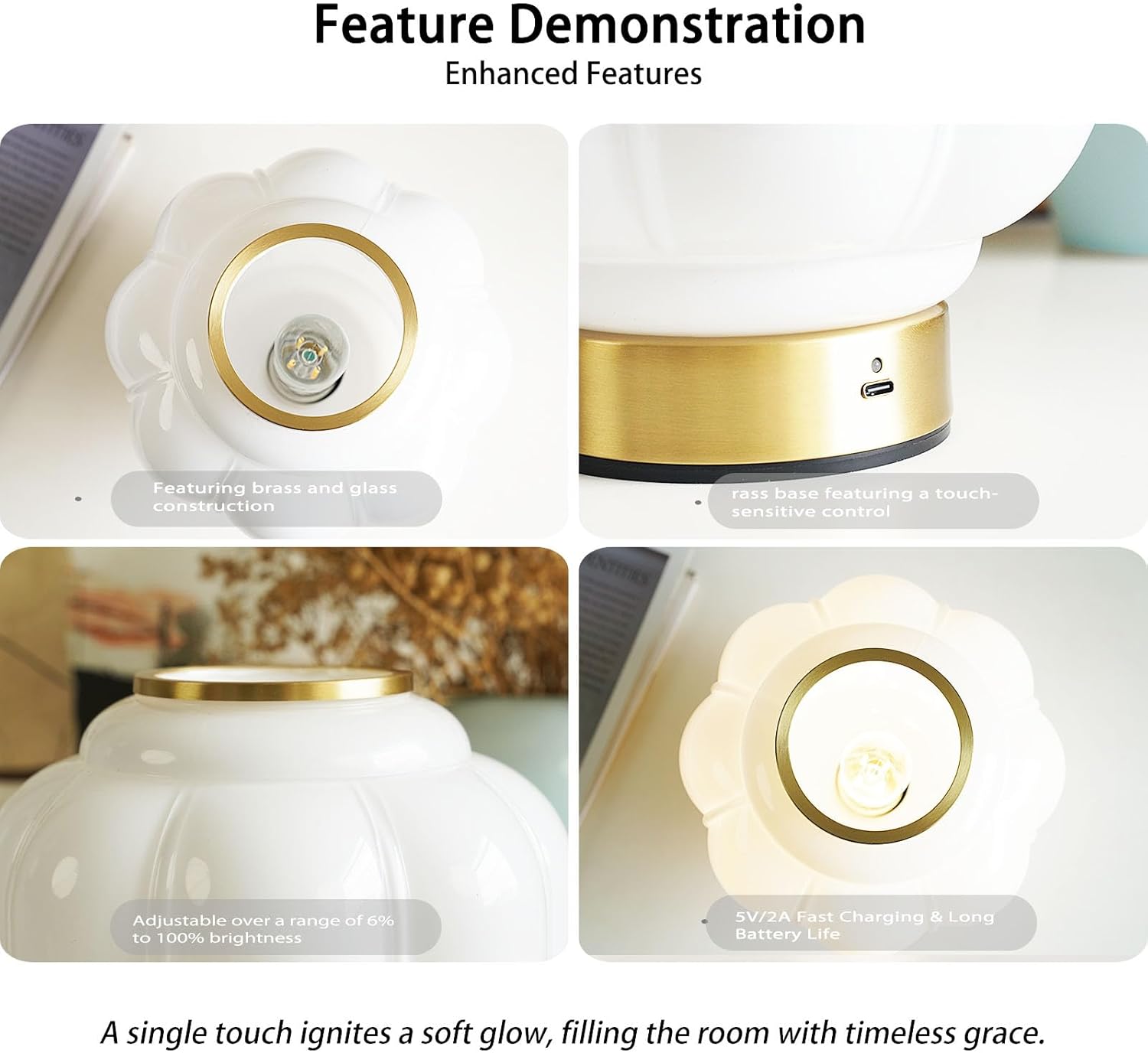 Mushroom Lamp, Cordless Rechargeable Table Lamp with Brass Base & White Glass Shade, 4W Dimmable Bedside Table Lamp, Small Vintage Desk Light for Mid Century Modern Home Decor (White)