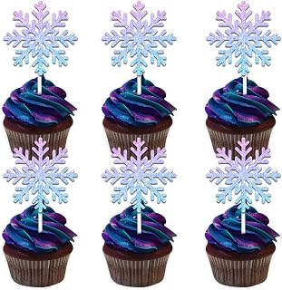 18pcs Blue Glitter Snowflake Dessert Cupcake Topper Pick for Winter Theme Decorations Men Women Happy Birthday Wedding Anniversary Party Decor Supplies
