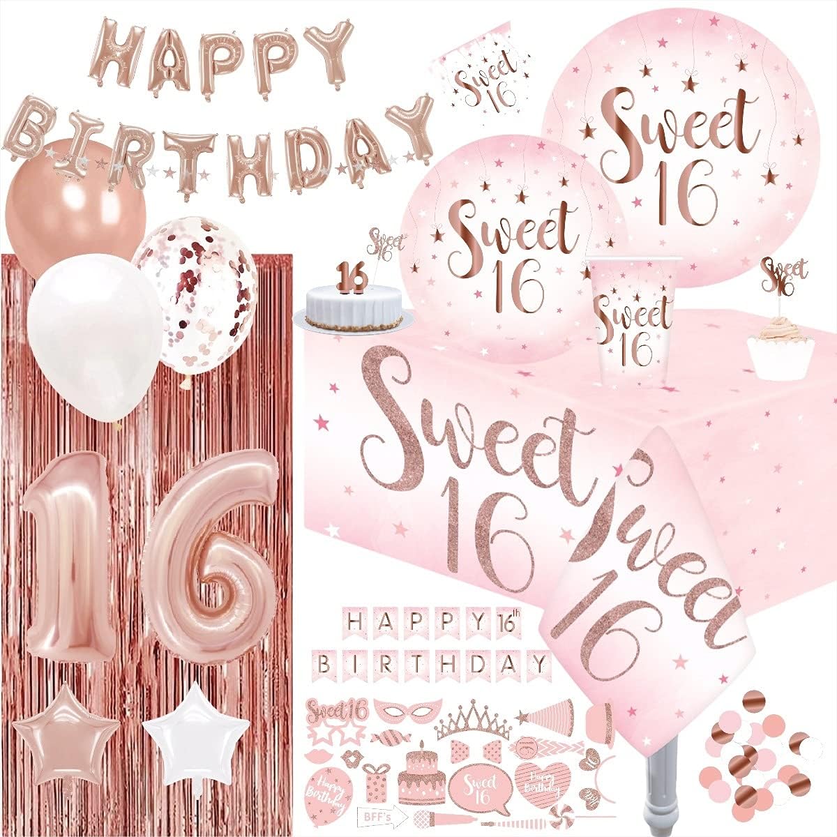 Serves 30,Ultimate Sweet 16 Birthday Party Supplies,Rose Gold Foil Theme,9" Dinner Paper Plates,Cake Topper Photo Props,Ideal for Sweet 16 Birthday Party Celebration Decoration