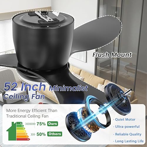 Miniatura 3 de VACILL Ventilador de techo moderno de montaje empotrado con luz y control remoto, ventilador de perfil bajo, 6 niveles de velocidad, LED regulable,