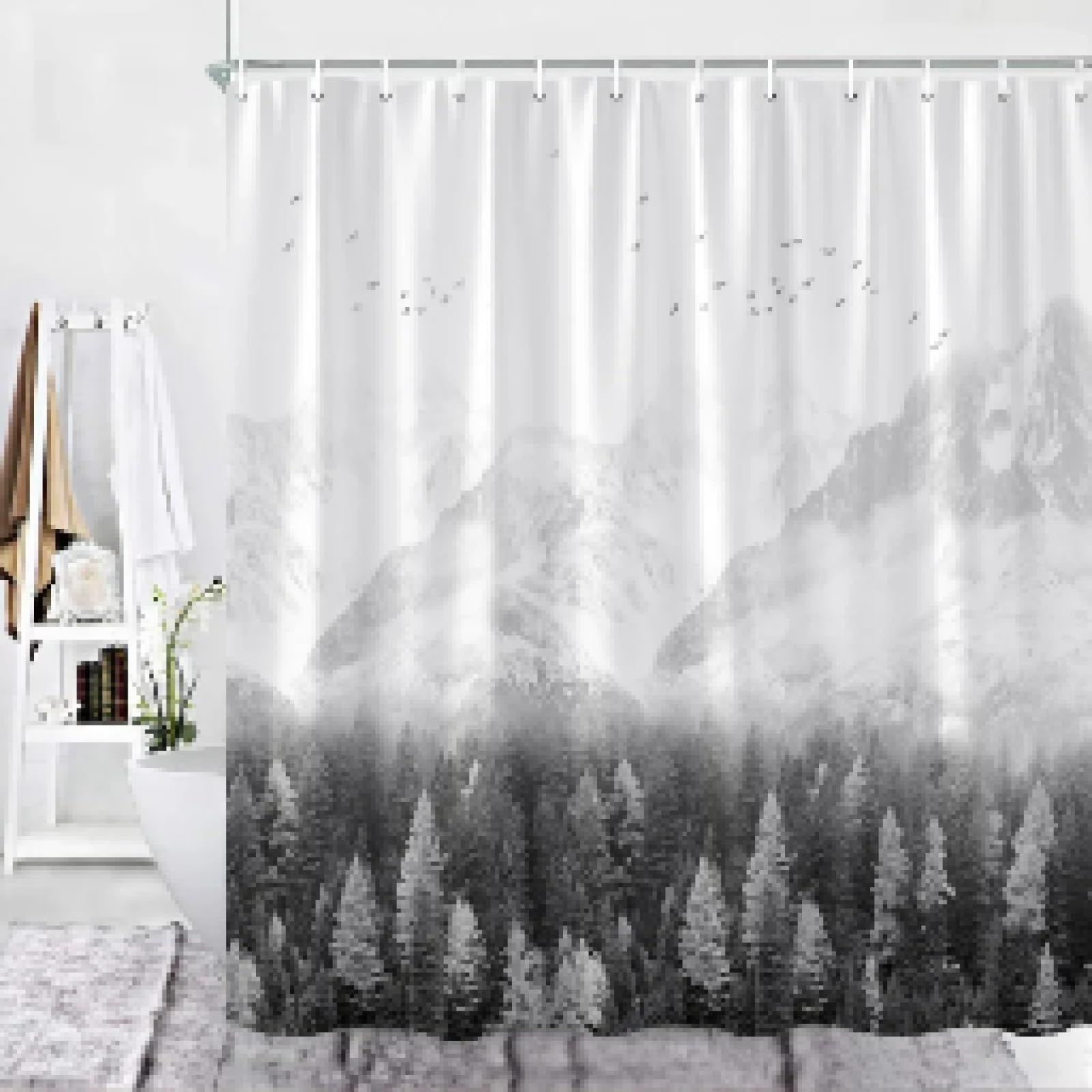 Rideau de bain lavable et imperméable paysage de montagnes gris pour douche 130x140