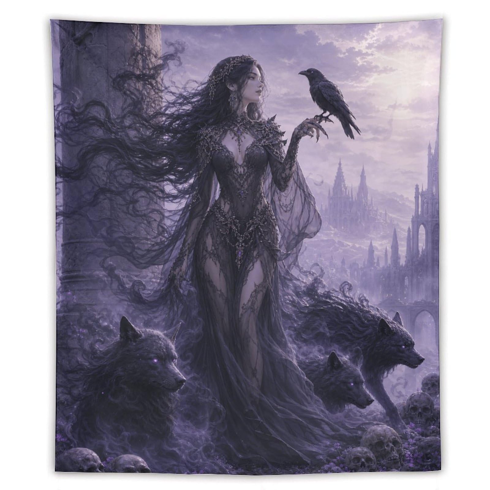 H3B8U2Y5 Raven Witch with Wolf Wall Tapestry, Gothic Oil, Gothic Fantasy
