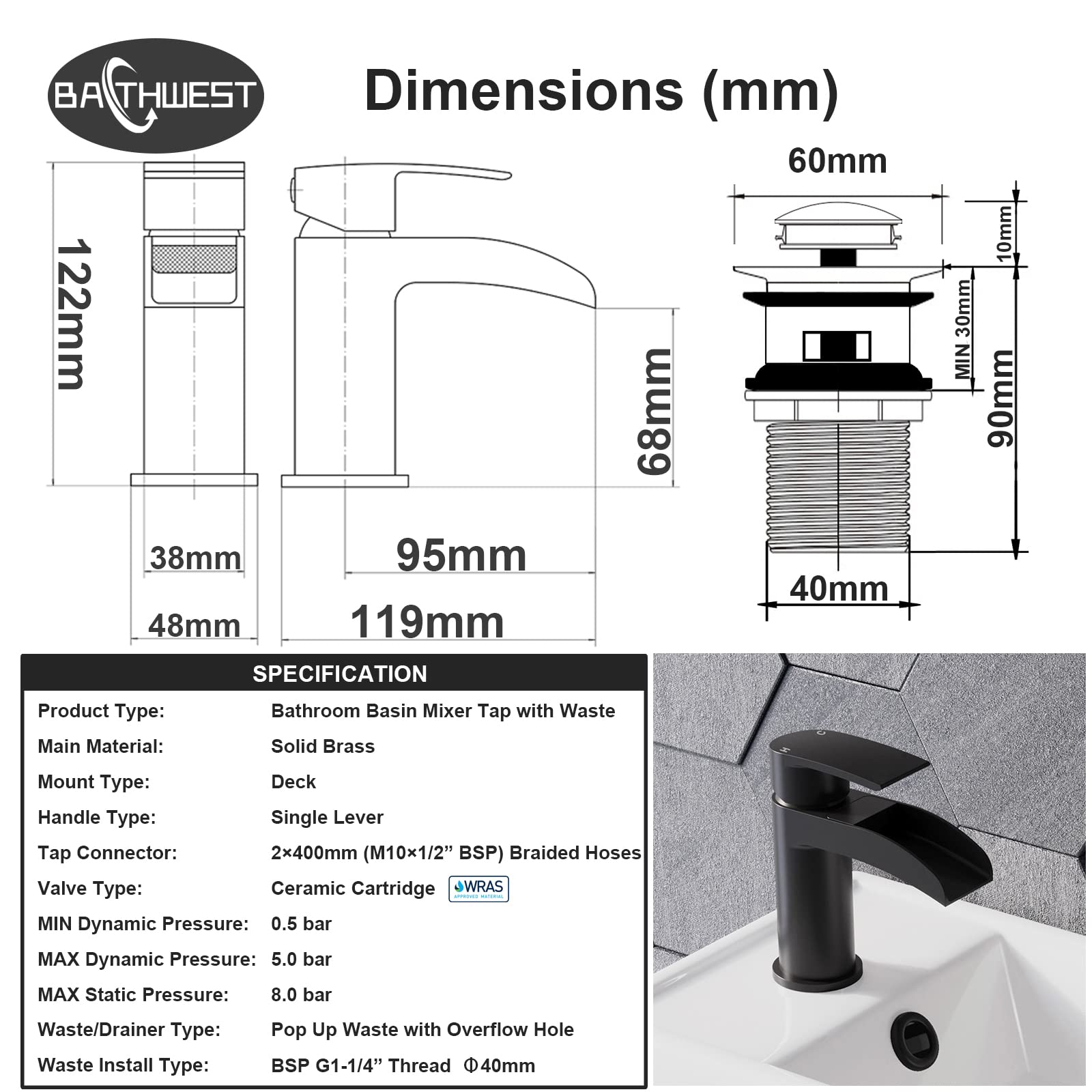 Grifo de lavabo negro mate con desagüe, grifo de lavabo de cascada con desagüe, grifo monobloque de latón negro con tapón de fregadero 112NBK