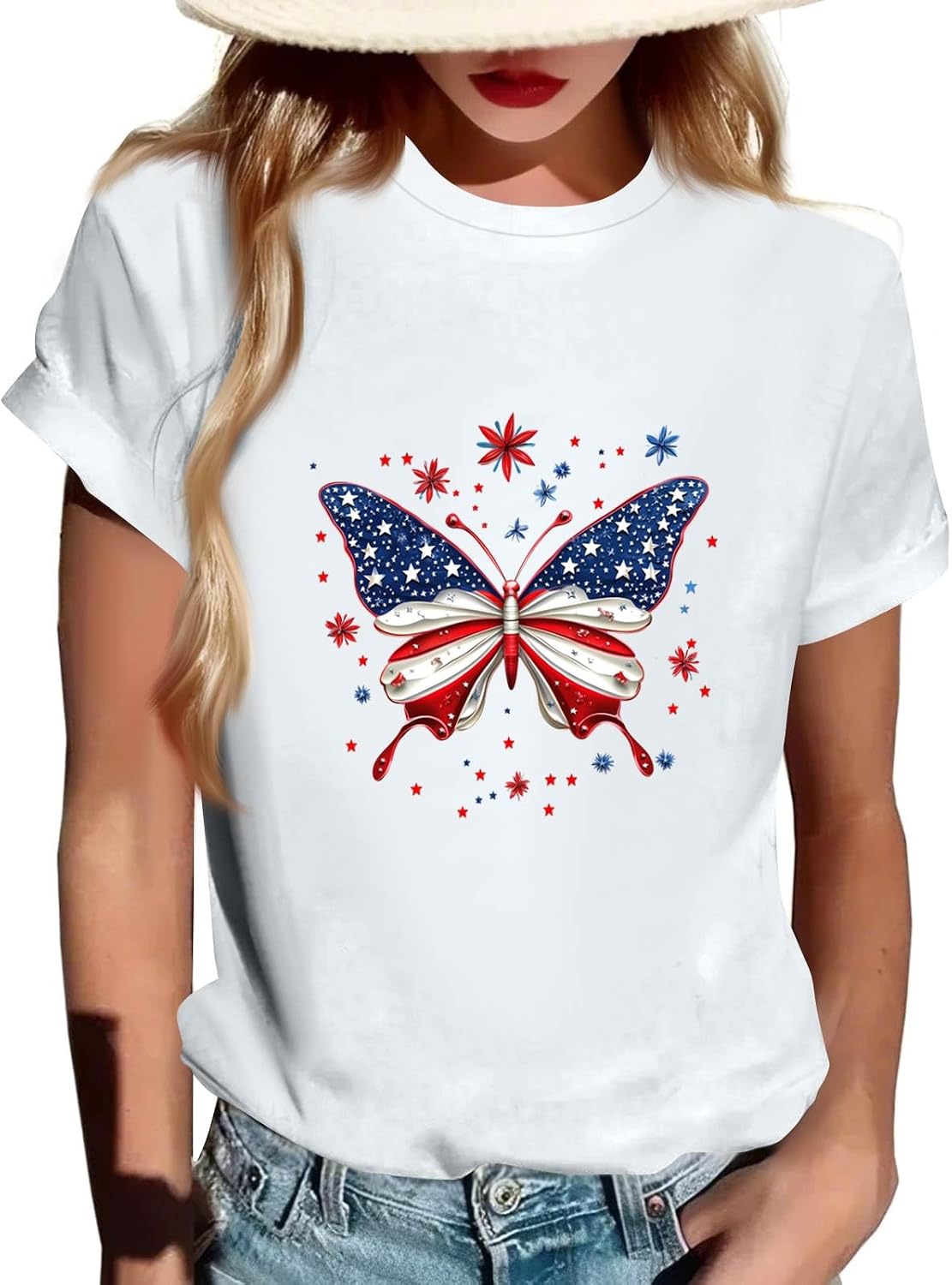 Womens Graphic Shirt 4Th of July Basic Tees USA Flag Crew Neck Short Sleeve Independence Summer Casual Tops