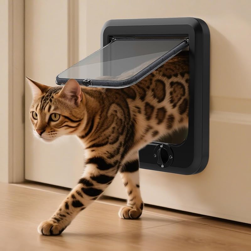 Porta para gatos LIBBEPET com trava giratória de 4 vias, ABS, tamanho L, preta – abertura interna de 18,03 x 19,56 cm