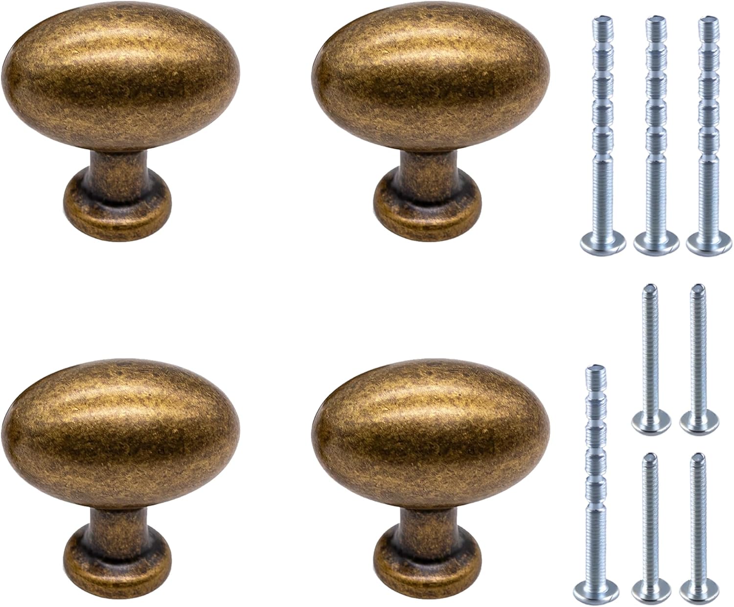 4 Pack Antique Brass Cabinet Knobs, Solid Zinc Alloy Oval Drawer Knobs for Dresser Drawers, Vintage Egg Shaped Cabinet Hardware for Kitchen Cabinets, Cupboard, Wardrobe & Bathroom Vanity